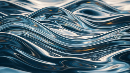 Rippling metallic liquid surface with blue and gold highlights creating a smooth, reflective texture.の素材
