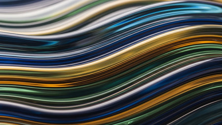 Abstract colorful wavy lines with a metallic sheen and reflections, creating a fluid and glossy texture.の素材