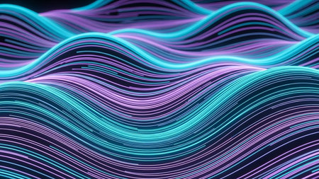 Wave showing wavy abstract lines of neon blue and pink light on dark background keywords: abstract, wavy, lines, neon, blue, pink, purple, light,...の素材