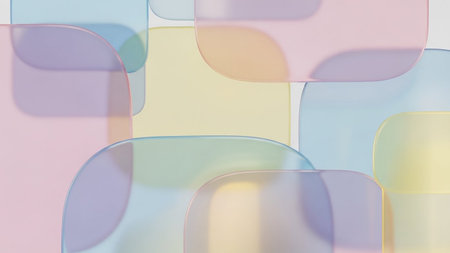 Overlapping translucent rounded rectangles in soft pastel colors create a clean, modern abstract background design.の素材