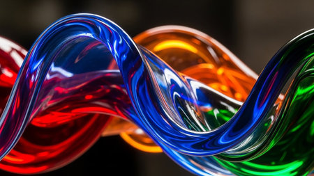 Twisted glass tubes in red, blue, orange, and green colors flowing in a dynamic wave.の素材