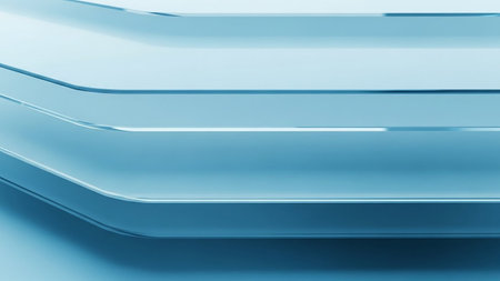 Close-up of layered translucent blue acrylic or glass panels with smooth, rounded edges and subtle reflections, creating a clean aesthetic.の素材