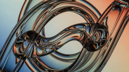 Abstract liquid glass sculpture with swirling reflections and a warm color gradient background.の素材