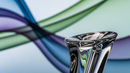A clear glass vase in the foreground with a soft, abstract background of flowing purple and green waves.の素材