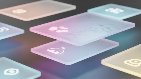 Frosted glass UI elements with glowing pastel icons float on a dark surface, creating a modern digital interface.の素材