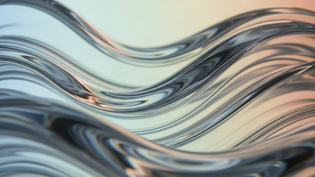 Abstract wavy glass-like fluid with soft pastel light reflections and smooth curvesの素材