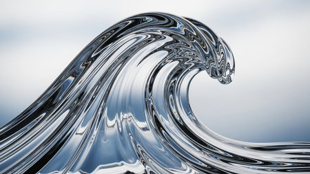 A dynamic abstract liquid wave with a metallic sheen and intricate reflections against a light background.の素材