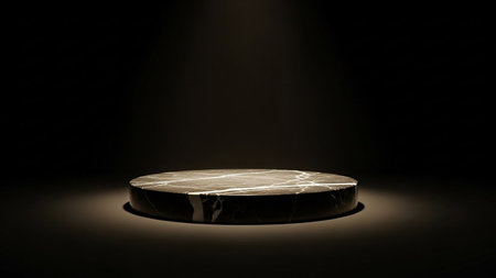 A black and white marble cylinder podium is lit by a warm spotlight against a dark background, showcasing its intricate pattern.の素材