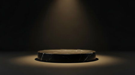 A circular black marble pedestal with golden veins is dramatically lit by a warm spotlight in a dark studio setting.の素材
