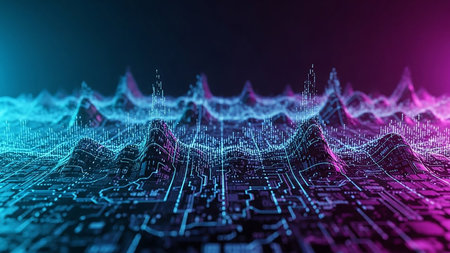 A futuristic digital landscape featuring circuit board patterns and glowing neon lights in blue and pink.の素材