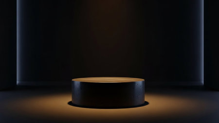 A dark cylindrical pedestal with a wooden top is dramatically lit by a spotlight against a dark studio background with vertical light accents.の素材
