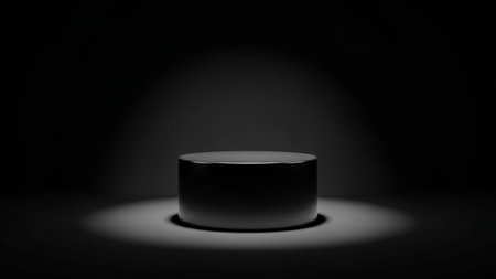 A dark, cylindrical pedestal is dramatically lit by a spotlight against a black background, casting a shadow.の素材