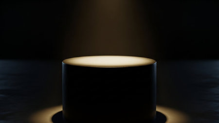 A dark, cylindrical pedestal is illuminated by a warm light that highlights its top surface and casts a gentle glow on the floor.の素材
