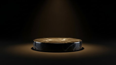 A dark marble pedestal with a cracked pattern is dramatically lit by a spotlight from above against a dark background.の素材