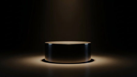 A dark cylindrical podium bathed in a warm spotlight and subtle ambient light, creating an inviting display space.の素材