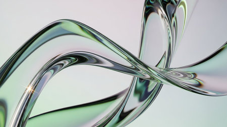 Smooth, intertwined glass ribbons with subtle green and silver reflections creating an elegant, flowing...の素材