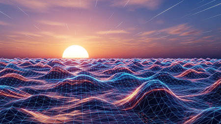 Neon wireframe ocean waves under a sunset sky with a retro futurism aesthetic. Clear details and vibrant color...の素材