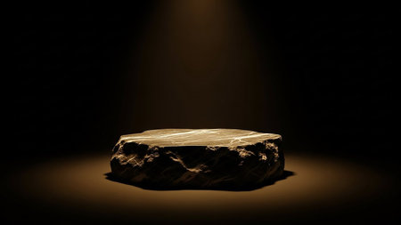 A rough, textured stone podium with visible marble veining is lit by a warm spotlight against a dark background, creating an organic display.の素材