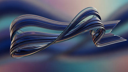 A swirling metallic ribbon in blue and silver tones twists against a blurred, gradient background.の素材
