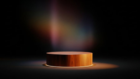 A wooden cylinder pedestal glows with a golden ring light at its base and is bathed in a colorful, atmospheric spotlight.の素材