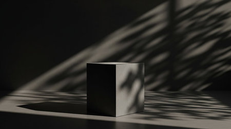 A concrete cube pedestal is placed in a room where sunlight casts intricate leaf shadows across its surface and the floor.の素材