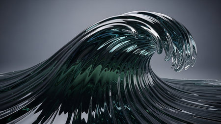 A dark teal glass wave crashes with glossy reflections and deep shadows, conveying power and intensity.の素材