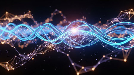 Abstract digital network with glowing blue and orange light trails, particles, and interconnected nodes.の素材