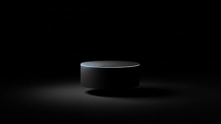 A dark, cylindrical display stand with a subtle blue light rim floats in a black void. Clear details and vibrant colors enhance visual appeal.の素材