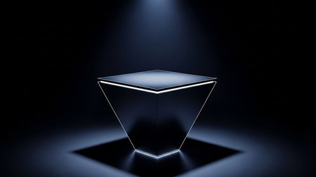 A dark, square-edged podium with a glowing blue trim is lit by a spotlight in a dark, reflective space.の素材