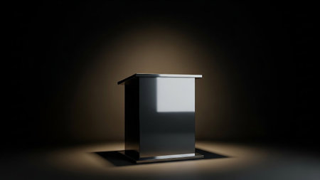 A polished metallic rectangular podium stands in a dark studio, dramatically lit by a spotlight creating strong reflections and shadows.の素材