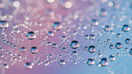 Abstract macro view of a delicate spider web adorned with numerous water droplets, reflecting vibrant, colorful light and creating a bokeh effect.の素材