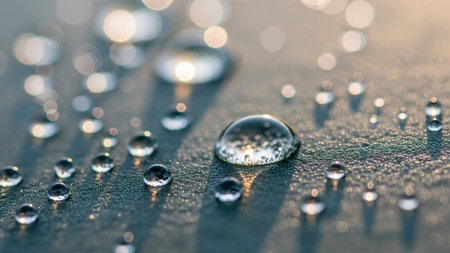 Extreme close-up of numerous clear water droplets scattered across a textured dark surface, with soft bokeh lights in the background.の素材