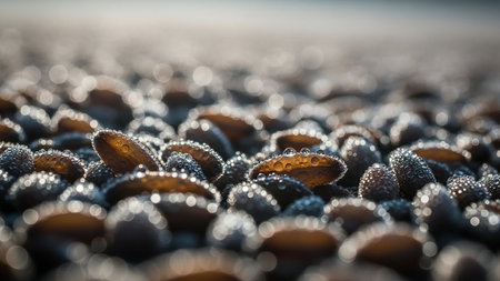 Macro view of small brown seeds covered in glistening dew drops, with soft bokeh in the background.の素材