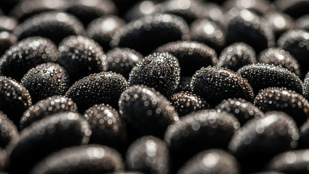 Macro view of dark, glossy coffee beans covered in water droplets, reflecting light and creating a textured surface.の素材