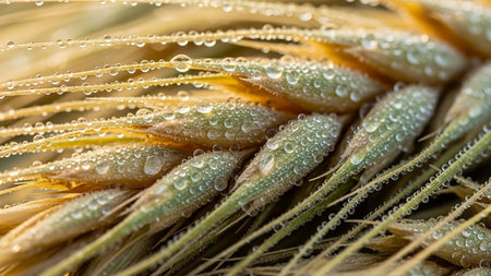 Detailed macro shot of golden wheat stalks covered in glistening dew drops, highlighting the texture of the grain.の素材