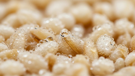 Macro close-up of cooked barley grains with numerous tiny water droplets clinging to their surfaces.の素材
