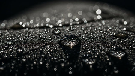 A dark, textured surface is covered in many small, glistening water droplets, with soft bokeh lights in the background.の素材