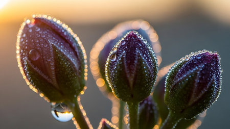 Macro shot of purple flower buds glistening with tiny dew drops in the soft morning sunlight.の素材