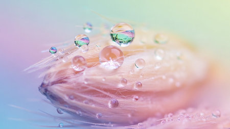 Extreme close-up of a delicate fluffy seed covered in sparkling water droplets, set against a soft pastel background.の素材