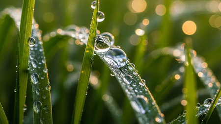 Macro view of numerous clear dew drops clinging to vibrant green grass blades, with soft bokeh lights in the background.の素材