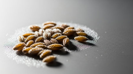 Close-up macro view of a pile of grains covered in sparkling water droplets on a smooth grey surface.の素材