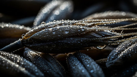 Macro shot of a dark grain ear covered in glistening dew drops, with a blurred background of more grains and bokeh lights.の素材