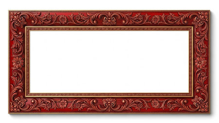 An elaborate red and gold rectangular frame with intricate floral carvings. Clear details and vibrant colors e...の素材