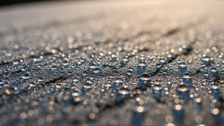 A detailed macro shot of a textured surface densely covered with small, shimmering water droplets reflecting the light.の素材