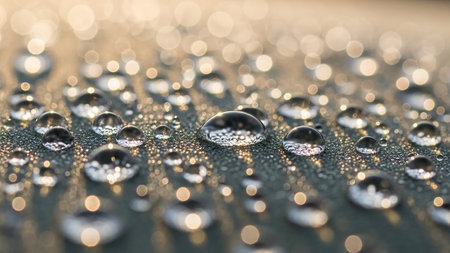 Macro view of numerous clear water droplets scattered across a textured surface, with soft bokeh lights creating a magical atmosphere.の素材