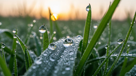 Macro view of dew drops on green grass blades, with the sunrise creating a bokeh effect in the background.の素材