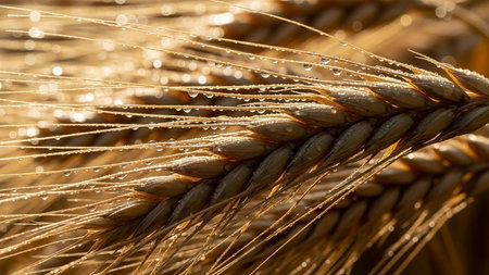 A detailed macro photograph captures a golden wheat ear glistening with dew drops, illuminated by the warm glow of morning sunlight.の素材