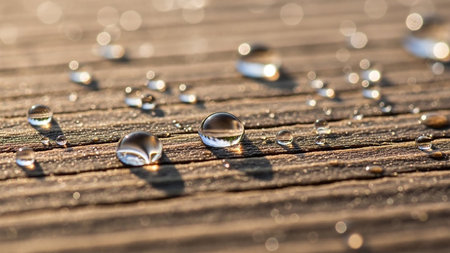 Close-up of clear water droplets scattered across a textured wooden deck surface, reflecting sunlight.の素材