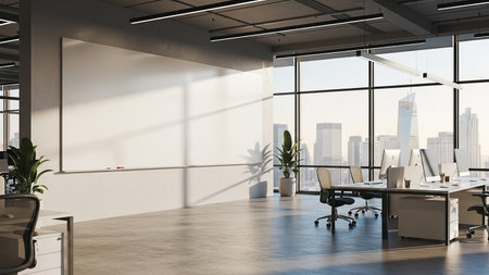 An empty modern office interior with large windows showcasing a cityscape and a blank whiteboard.の素材