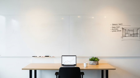 A wooden desk in front of a large whiteboard holds a laptop displaying a graph, a mug, and a potted plant.の素材